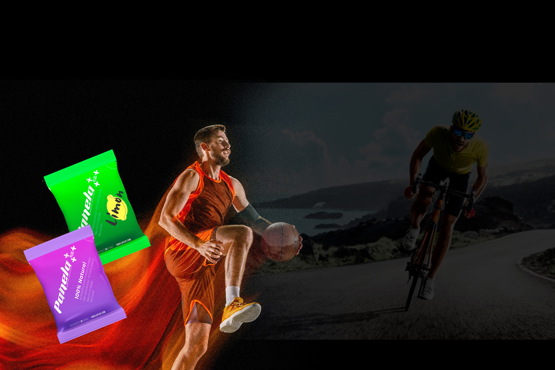 Banner de Panela Plus mostrando paquetes de panela sabor limón y natural para deportistas, con un jugador de baloncesto y un ciclista en acción, destacando la energía natural del producto.